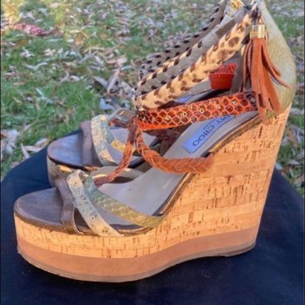 Jimmy Choo animal theme cork wedge heel leather sandals. RARE. Size 38.